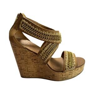 Tory Burch Lucian Tan Leather Gold Chain Strappy Wedge Sandals - Size 7 ½